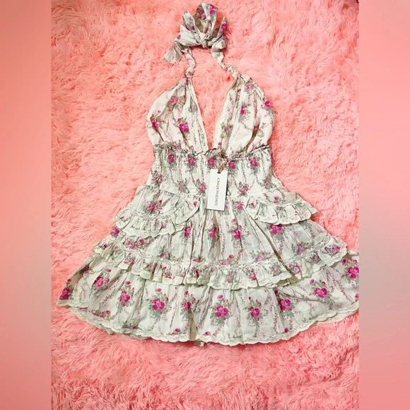 sachin and babi light blue dress LoveShackFancy Quintelle Floral-Bow Print Ruffle Halter Minidress